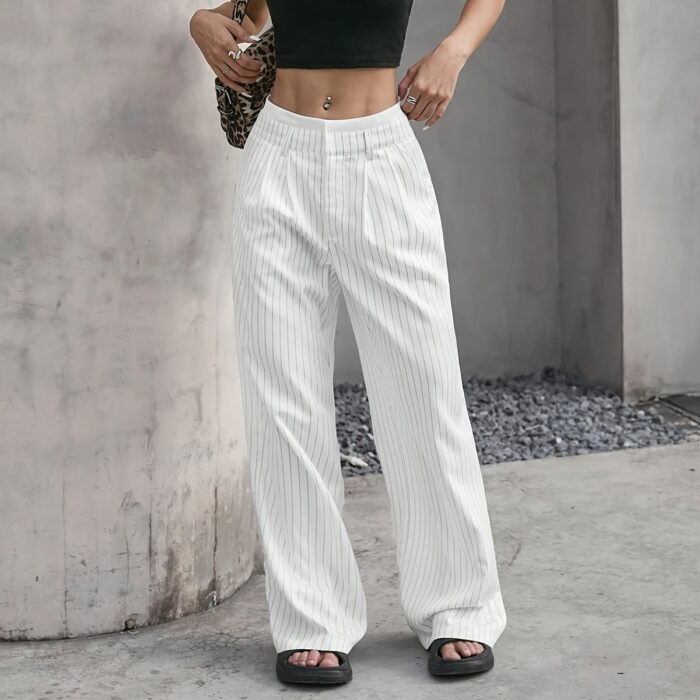 Striped Straight-Leg Pants – High Waist with Pockets - Image 7