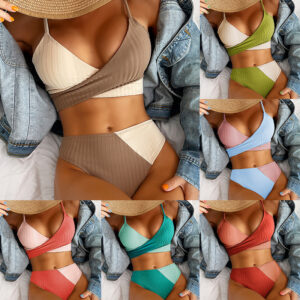 Patchwork Ribbed Bikini Set – Knot-Back & Ruched High-Waist Swimwear