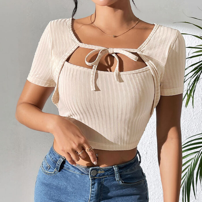 Lace-Up Ribbed Crop Top – Square Neck - Image 4