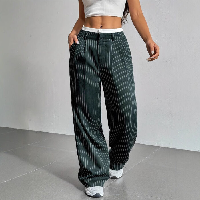 Striped Straight-Leg Pants – High Waist with Pockets - Image 9