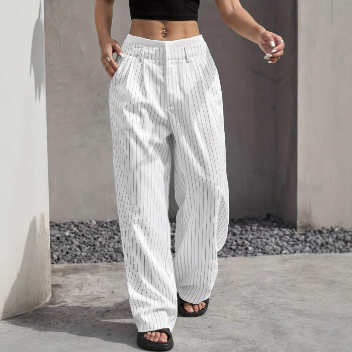 Striped Straight-Leg Pants – High Waist with Pockets - Image 4