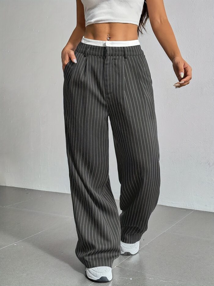 Striped Straight-Leg Pants – High Waist with Pockets - Image 3