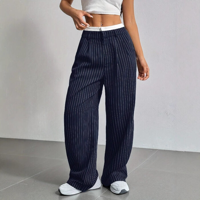 Striped Straight-Leg Pants – High Waist with Pockets - Image 2