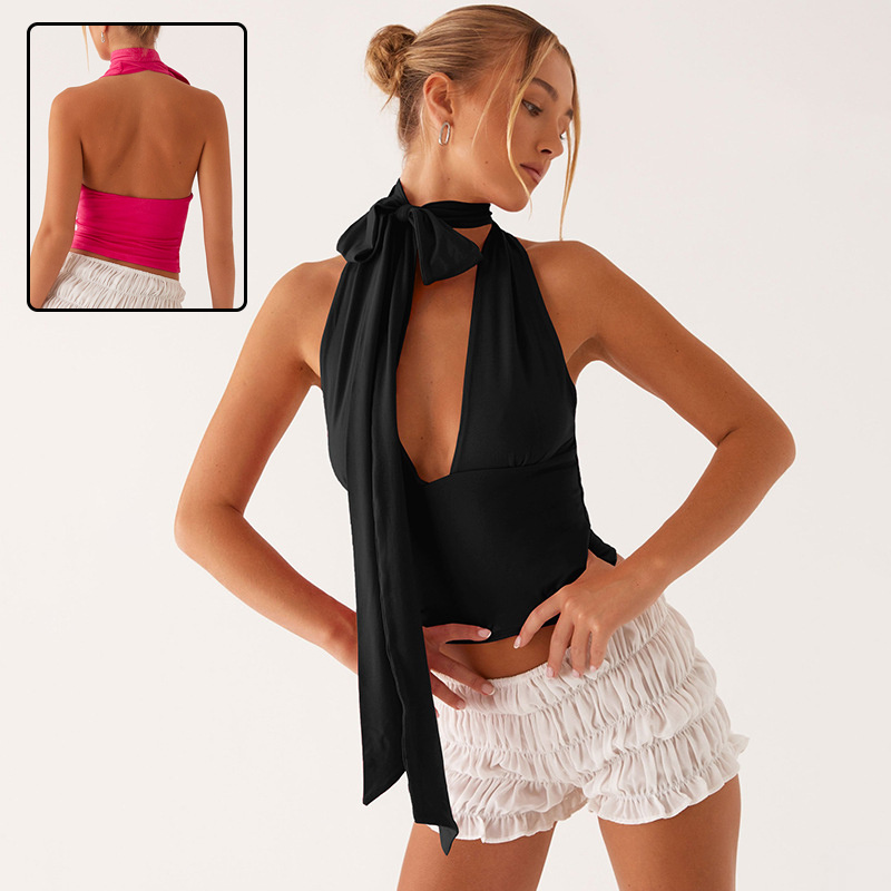 Y2K Deep V-Neck Halter Top