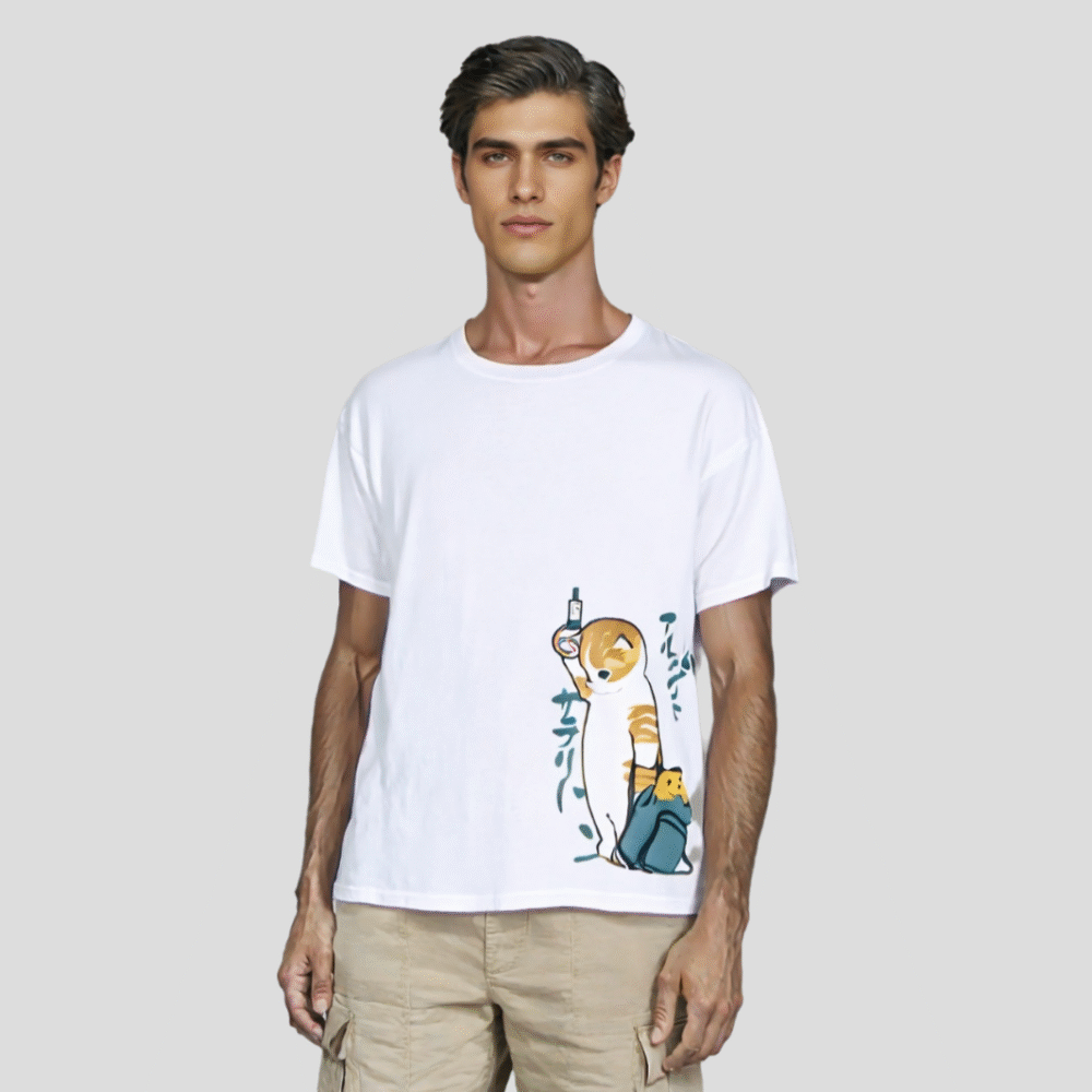 Creative Cat Graphic Tee – Casual Cotton Streetwear for Men